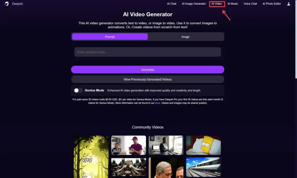 DeepAI 「AI Video Generator」を選択