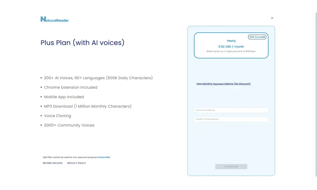 NaturalReader 個人版（AI Text to Speech）料金プラン