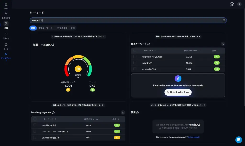 vidIQ 発見されたキーワード例