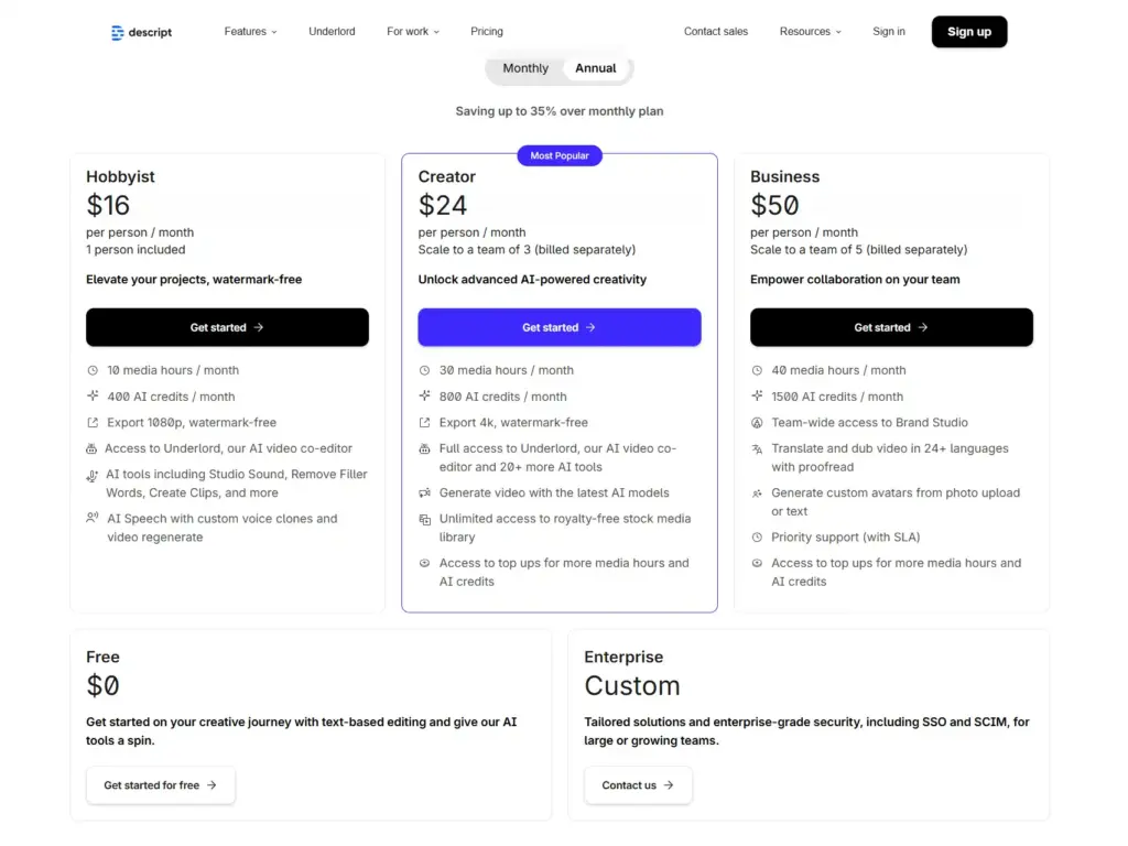 Descriptの料金プラン