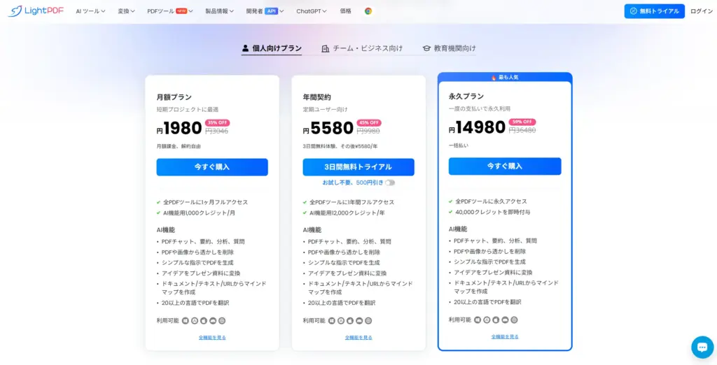 LightPDFの料金プラン
