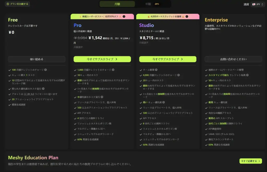 Meshy AIの料金プラン